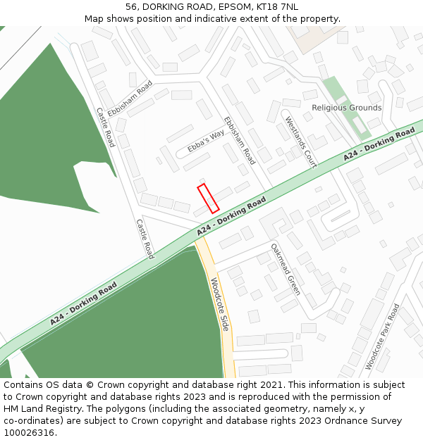 56, DORKING ROAD, EPSOM, KT18 7NL: Location map and indicative extent of plot