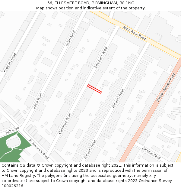 56, ELLESMERE ROAD, BIRMINGHAM, B8 1NG: Location map and indicative extent of plot