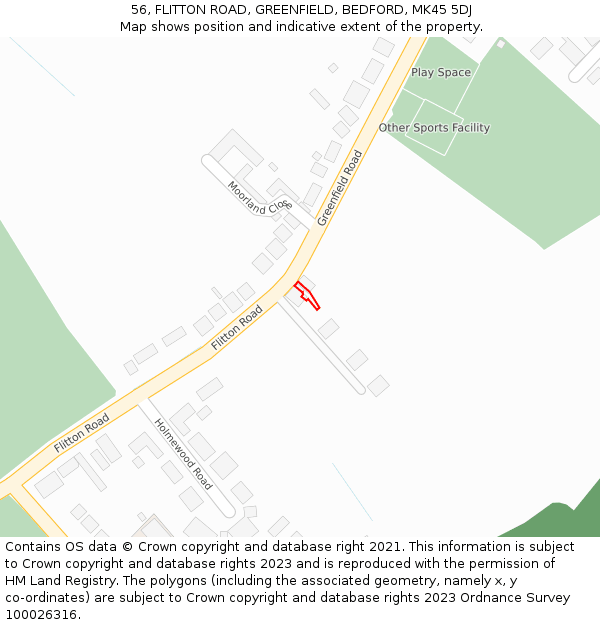 56, FLITTON ROAD, GREENFIELD, BEDFORD, MK45 5DJ: Location map and indicative extent of plot