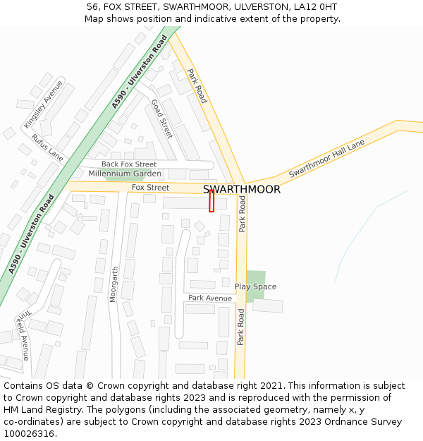 56, FOX STREET, SWARTHMOOR, ULVERSTON, LA12 0HT: Location map and indicative extent of plot