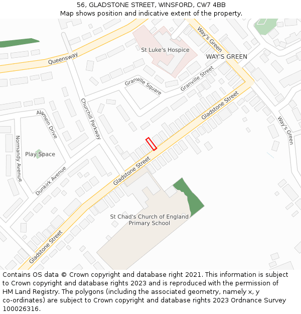 56, GLADSTONE STREET, WINSFORD, CW7 4BB: Location map and indicative extent of plot