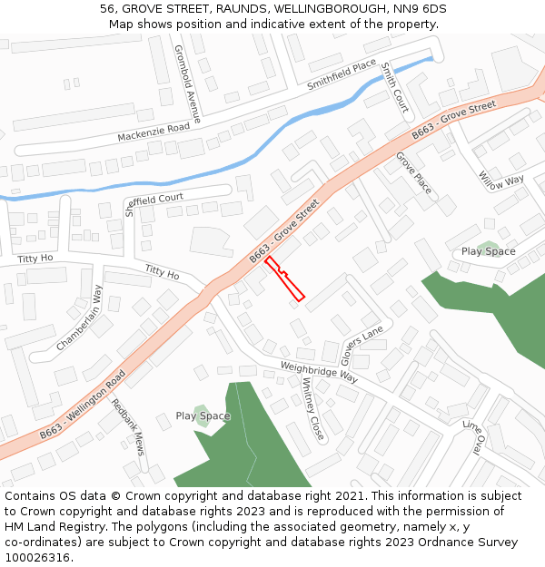 56, GROVE STREET, RAUNDS, WELLINGBOROUGH, NN9 6DS: Location map and indicative extent of plot