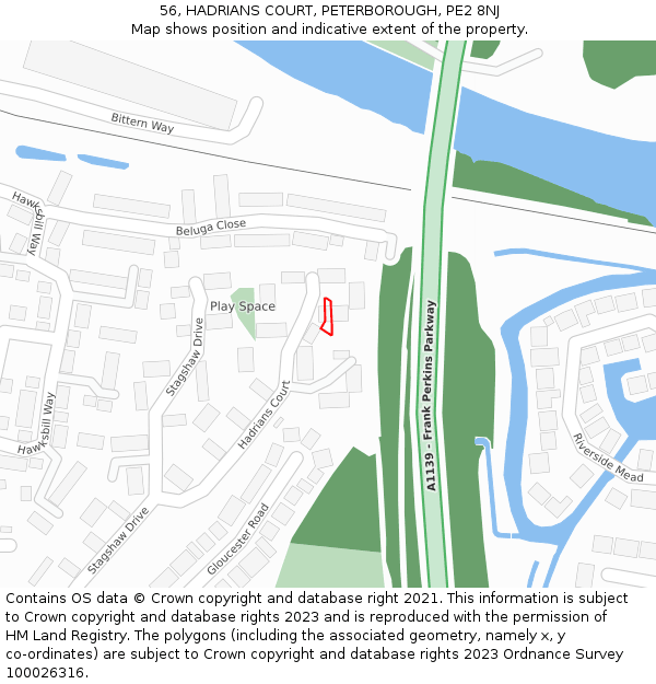 56, HADRIANS COURT, PETERBOROUGH, PE2 8NJ: Location map and indicative extent of plot