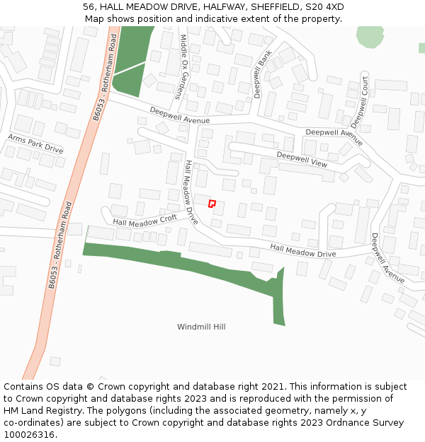 56, HALL MEADOW DRIVE, HALFWAY, SHEFFIELD, S20 4XD: Location map and indicative extent of plot