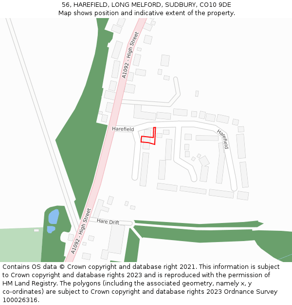 56, HAREFIELD, LONG MELFORD, SUDBURY, CO10 9DE: Location map and indicative extent of plot