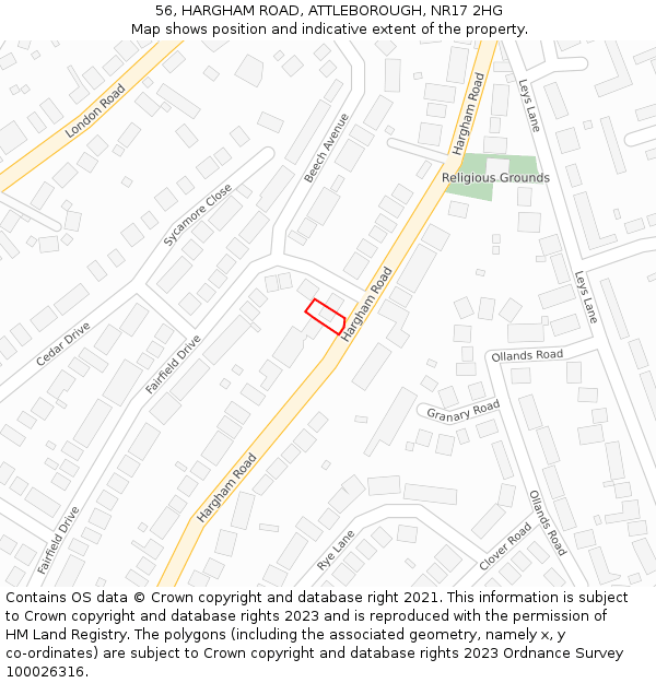 56, HARGHAM ROAD, ATTLEBOROUGH, NR17 2HG: Location map and indicative extent of plot