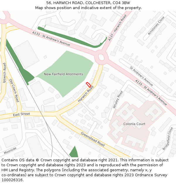 56, HARWICH ROAD, COLCHESTER, CO4 3BW: Location map and indicative extent of plot