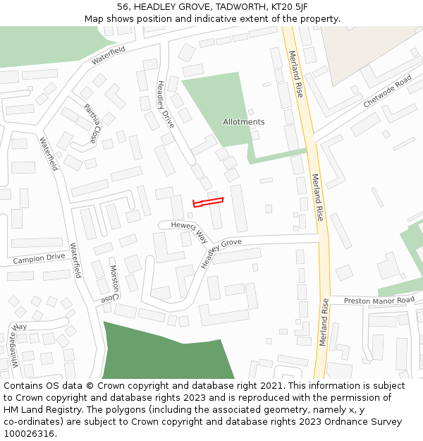 56, HEADLEY GROVE, TADWORTH, KT20 5JF: Location map and indicative extent of plot