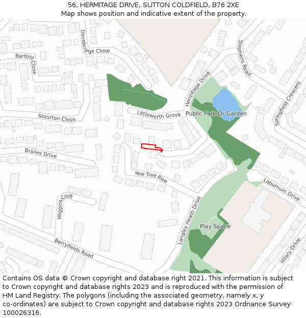 56, HERMITAGE DRIVE, SUTTON COLDFIELD, B76 2XE: Location map and indicative extent of plot