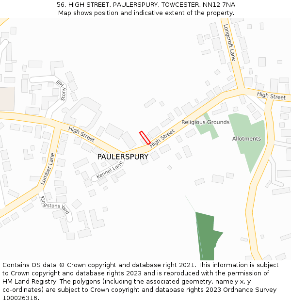 56, HIGH STREET, PAULERSPURY, TOWCESTER, NN12 7NA: Location map and indicative extent of plot