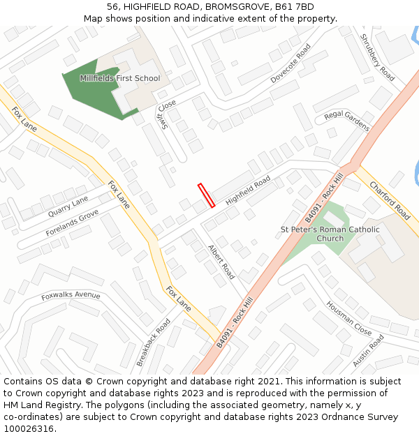 56, HIGHFIELD ROAD, BROMSGROVE, B61 7BD: Location map and indicative extent of plot