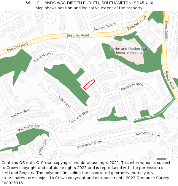 56, HIGHLANDS WAY, DIBDEN PURLIEU, SOUTHAMPTON, SO45 4HX: Location map and indicative extent of plot