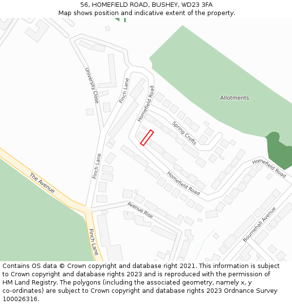 56, HOMEFIELD ROAD, BUSHEY, WD23 3FA: Location map and indicative extent of plot