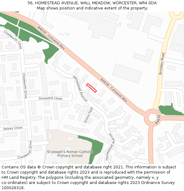 56, HOMESTEAD AVENUE, WALL MEADOW, WORCESTER, WR4 0DA: Location map and indicative extent of plot