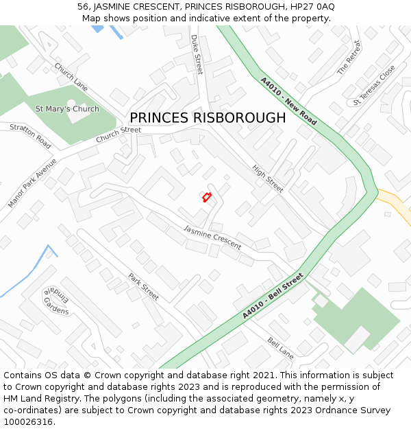 56, JASMINE CRESCENT, PRINCES RISBOROUGH, HP27 0AQ: Location map and indicative extent of plot
