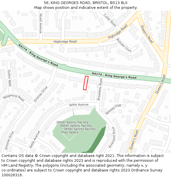 56, KING GEORGES ROAD, BRISTOL, BS13 8LX: Location map and indicative extent of plot