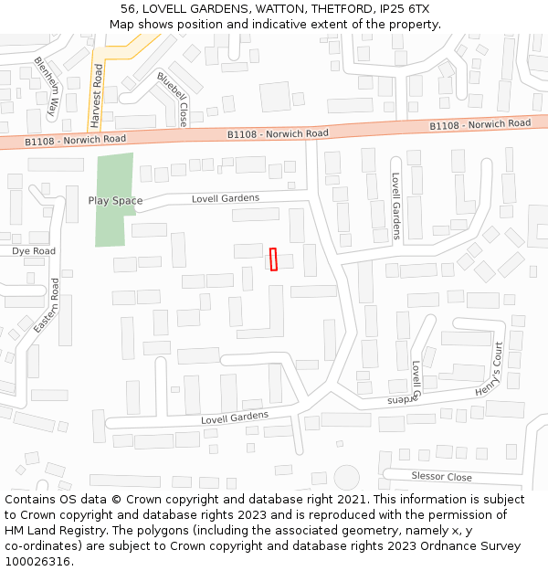 56, LOVELL GARDENS, WATTON, THETFORD, IP25 6TX: Location map and indicative extent of plot