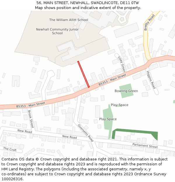 56, MAIN STREET, NEWHALL, SWADLINCOTE, DE11 0TW: Location map and indicative extent of plot