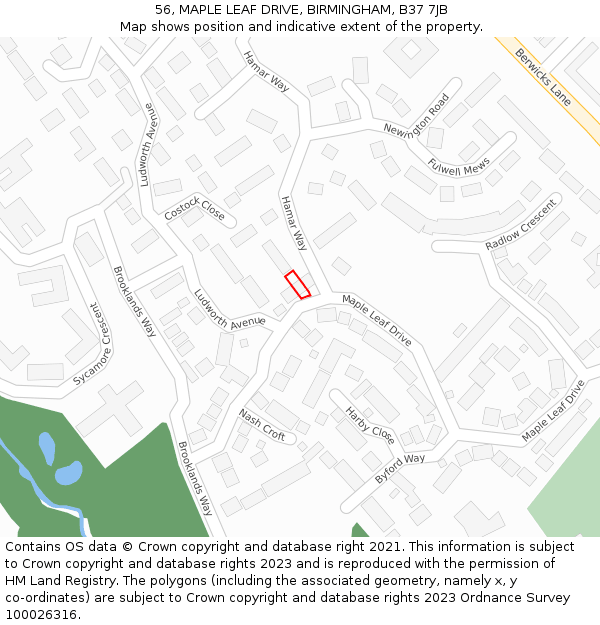 56, MAPLE LEAF DRIVE, BIRMINGHAM, B37 7JB: Location map and indicative extent of plot