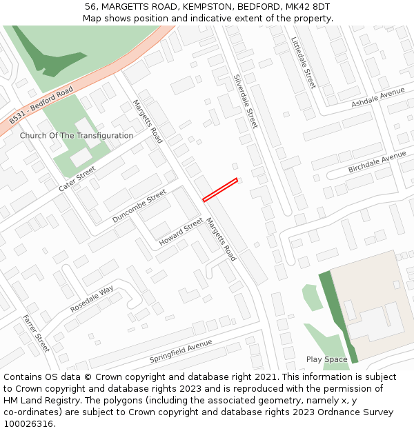 56, MARGETTS ROAD, KEMPSTON, BEDFORD, MK42 8DT: Location map and indicative extent of plot