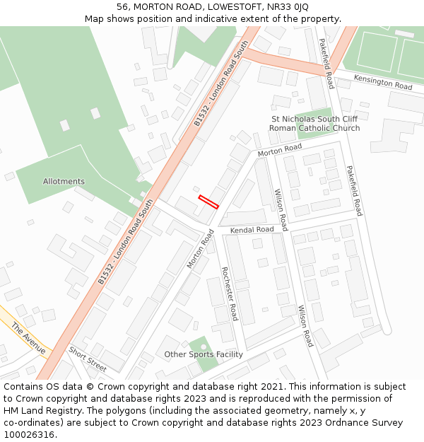 56, MORTON ROAD, LOWESTOFT, NR33 0JQ: Location map and indicative extent of plot