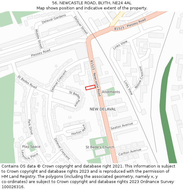56, NEWCASTLE ROAD, BLYTH, NE24 4AL: Location map and indicative extent of plot