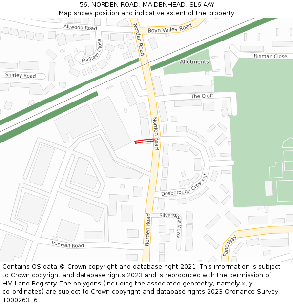 56, NORDEN ROAD, MAIDENHEAD, SL6 4AY: Location map and indicative extent of plot