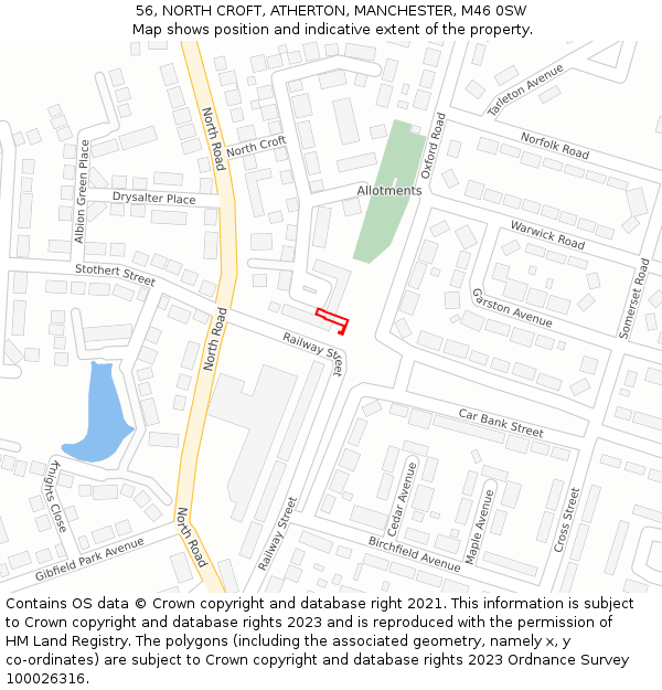 56, NORTH CROFT, ATHERTON, MANCHESTER, M46 0SW: Location map and indicative extent of plot