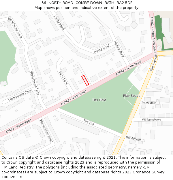 56, NORTH ROAD, COMBE DOWN, BATH, BA2 5DF: Location map and indicative extent of plot