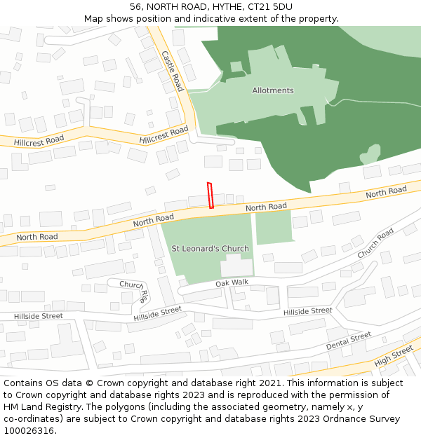 56, NORTH ROAD, HYTHE, CT21 5DU: Location map and indicative extent of plot