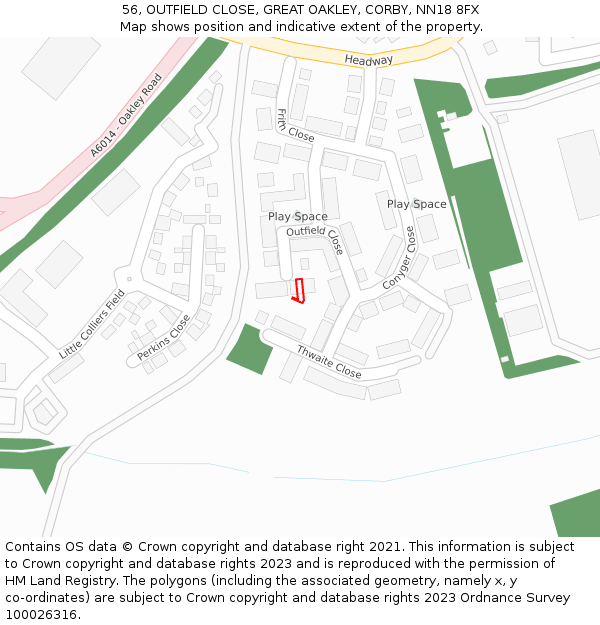 56, OUTFIELD CLOSE, GREAT OAKLEY, CORBY, NN18 8FX: Location map and indicative extent of plot