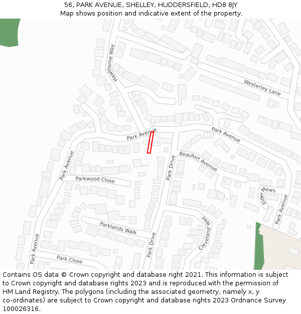 56, PARK AVENUE, SHELLEY, HUDDERSFIELD, HD8 8JY: Location map and indicative extent of plot