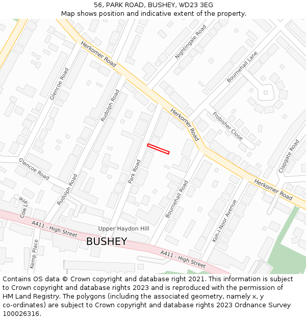 56, PARK ROAD, BUSHEY, WD23 3EG: Location map and indicative extent of plot