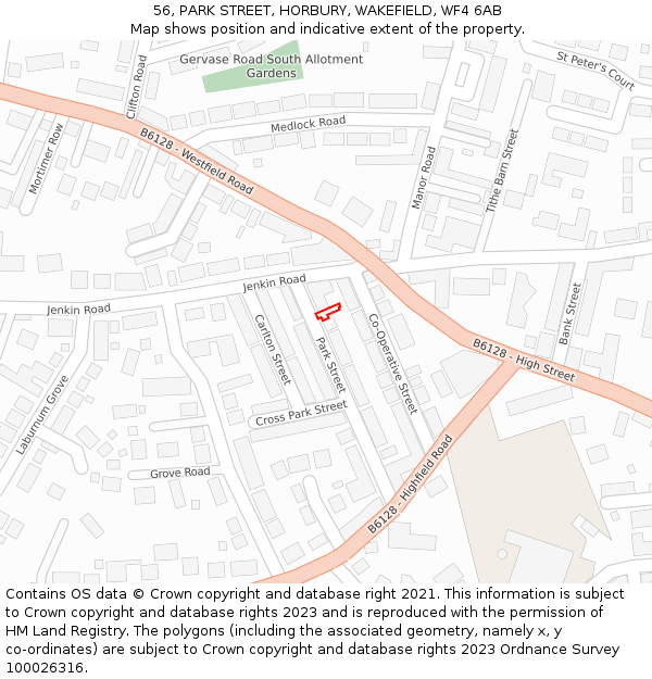 56, PARK STREET, HORBURY, WAKEFIELD, WF4 6AB: Location map and indicative extent of plot
