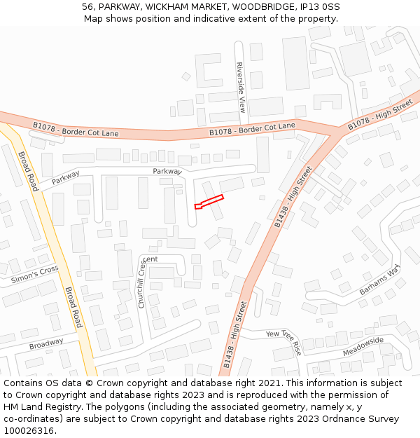 56, PARKWAY, WICKHAM MARKET, WOODBRIDGE, IP13 0SS: Location map and indicative extent of plot