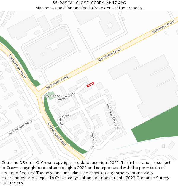 56, PASCAL CLOSE, CORBY, NN17 4AG: Location map and indicative extent of plot