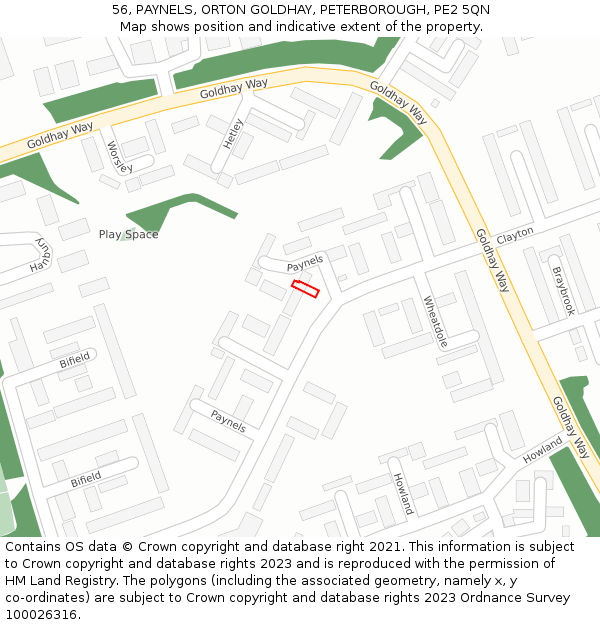 56, PAYNELS, ORTON GOLDHAY, PETERBOROUGH, PE2 5QN: Location map and indicative extent of plot