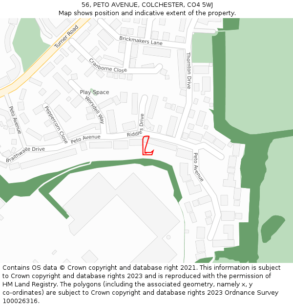 56, PETO AVENUE, COLCHESTER, CO4 5WJ: Location map and indicative extent of plot