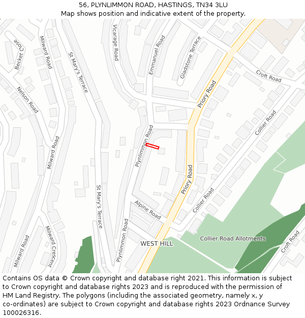 56, PLYNLIMMON ROAD, HASTINGS, TN34 3LU: Location map and indicative extent of plot