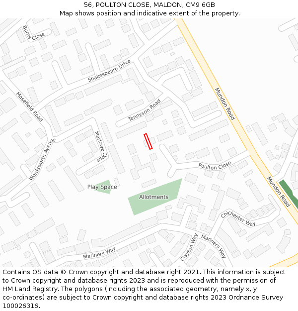 56, POULTON CLOSE, MALDON, CM9 6GB: Location map and indicative extent of plot