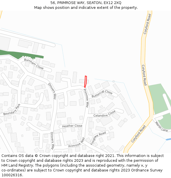 56, PRIMROSE WAY, SEATON, EX12 2XQ: Location map and indicative extent of plot