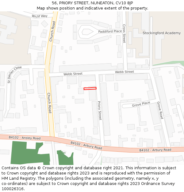 56, PRIORY STREET, NUNEATON, CV10 8JP: Location map and indicative extent of plot