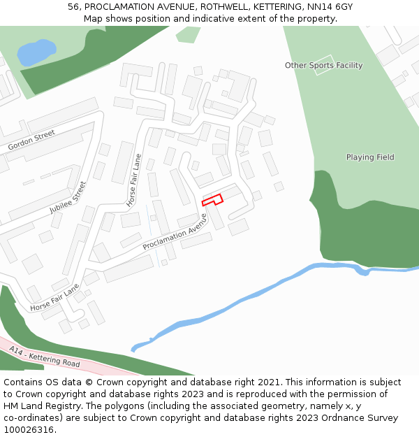 56, PROCLAMATION AVENUE, ROTHWELL, KETTERING, NN14 6GY: Location map and indicative extent of plot