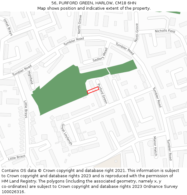 56, PURFORD GREEN, HARLOW, CM18 6HN: Location map and indicative extent of plot