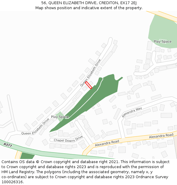 56, QUEEN ELIZABETH DRIVE, CREDITON, EX17 2EJ: Location map and indicative extent of plot