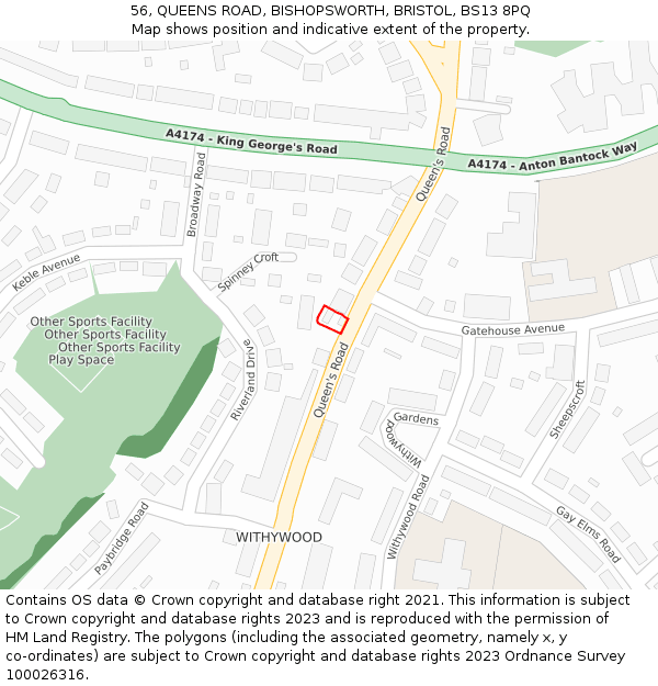 56, QUEENS ROAD, BISHOPSWORTH, BRISTOL, BS13 8PQ: Location map and indicative extent of plot