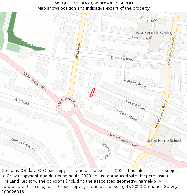 56, QUEENS ROAD, WINDSOR, SL4 3BH: Location map and indicative extent of plot