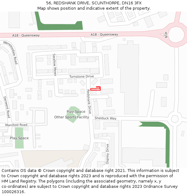 56, REDSHANK DRIVE, SCUNTHORPE, DN16 3FX: Location map and indicative extent of plot