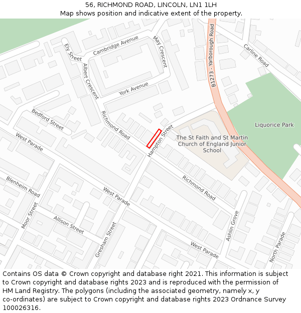 56, RICHMOND ROAD, LINCOLN, LN1 1LH: Location map and indicative extent of plot