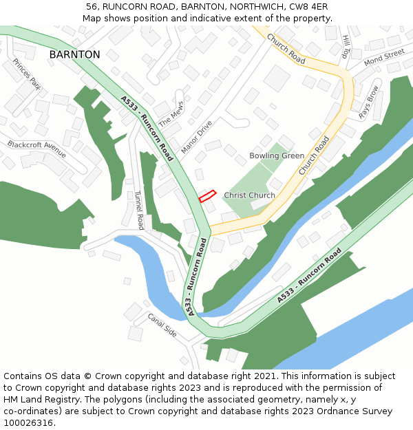 56, RUNCORN ROAD, BARNTON, NORTHWICH, CW8 4ER: Location map and indicative extent of plot